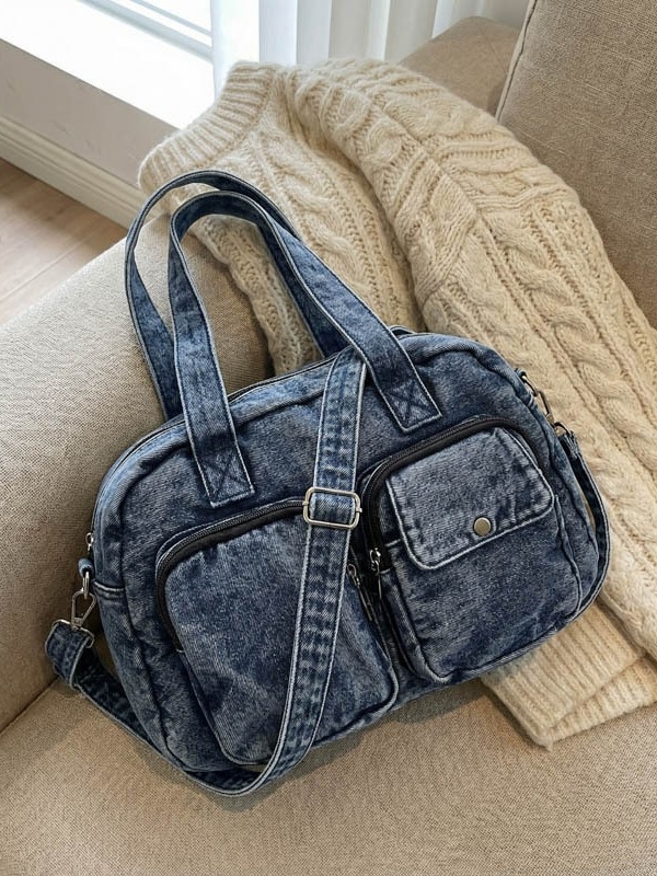 Ženska denim crossbody torbica, minimalističkog malog kvadratnog stila, zatvaranje na zatvarač, poliester podstava, skriveni džep sa zatvaračem i džep za telefon