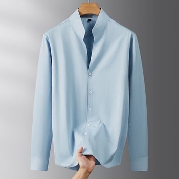 Cămașă bărbațească cu guler înalt, mâneci lungi, croială lejeră, amestec poliester