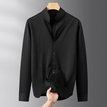Cămașă bărbațească cu guler înalt, mâneci lungi, croială lejeră, amestec poliester