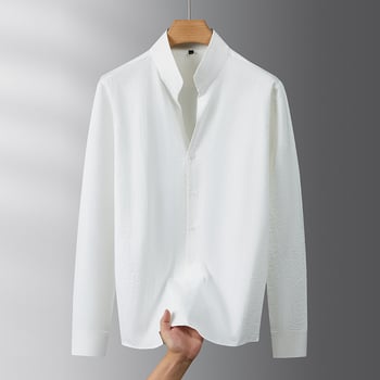 Cămașă bărbațească cu guler înalt, mâneci lungi, croială lejeră, amestec poliester
