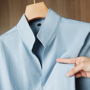 Cămașă bărbațească cu guler înalt, mâneci lungi, croială lejeră, amestec poliester