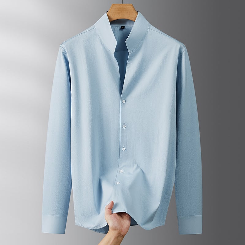 Cămașă bărbațească cu guler înalt, mâneci lungi, croială lejeră, amestec poliester