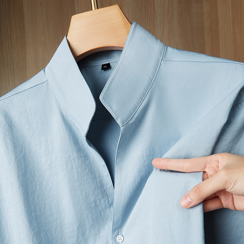 Cămașă bărbațească cu guler înalt, mâneci lungi, croială lejeră, amestec poliester