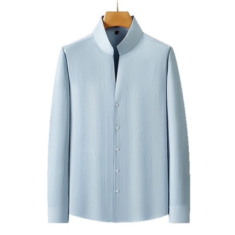 Cămașă bărbațească cu guler înalt, mâneci lungi, croială lejeră, amestec poliester