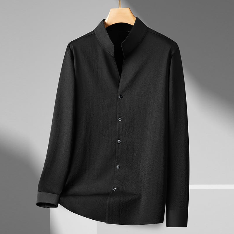 Cămașă bărbațească cu guler înalt, mâneci lungi, croială lejeră, amestec poliester