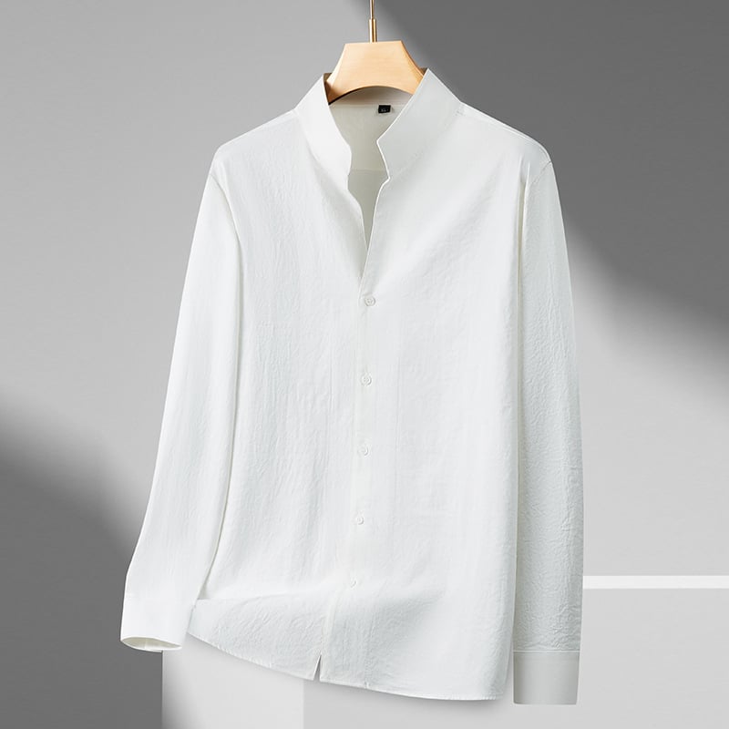 Cămașă bărbațească cu guler înalt, mâneci lungi, croială lejeră, amestec poliester