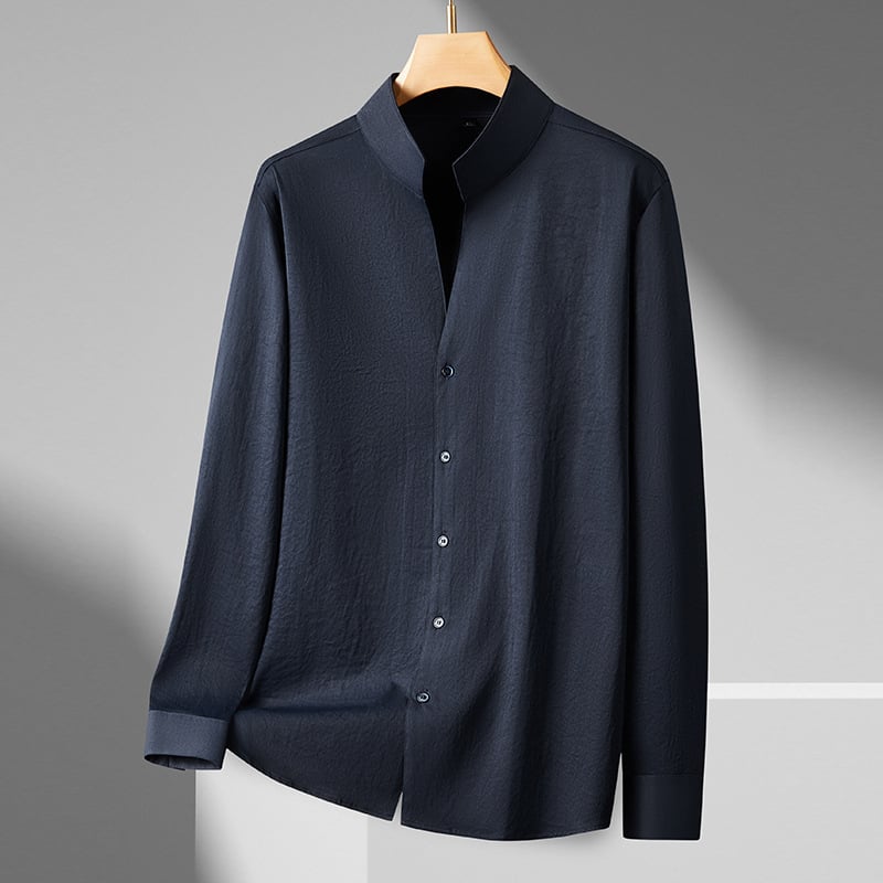 Cămașă bărbațească cu guler înalt, mâneci lungi, croială lejeră, amestec poliester