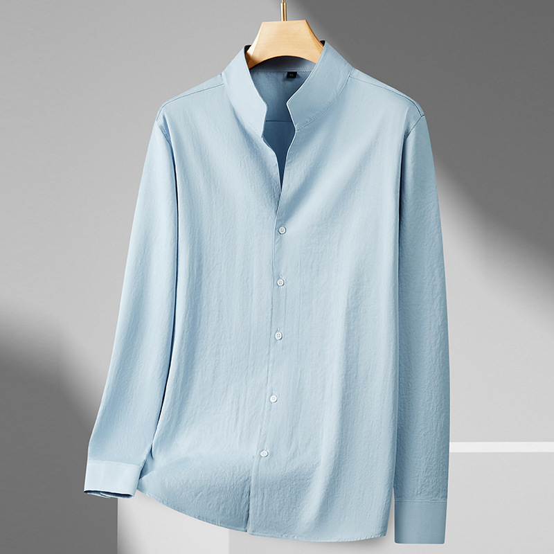 Cămașă bărbațească cu guler înalt, mâneci lungi, croială lejeră, amestec poliester