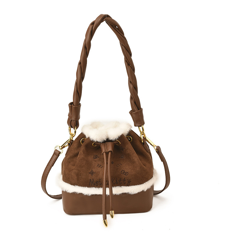 Ženska bucket torba u korejskom stilu, zimski model 2025, s jednom naramenicom i crossbody, svakodnevni stil, smeđa mala torbica