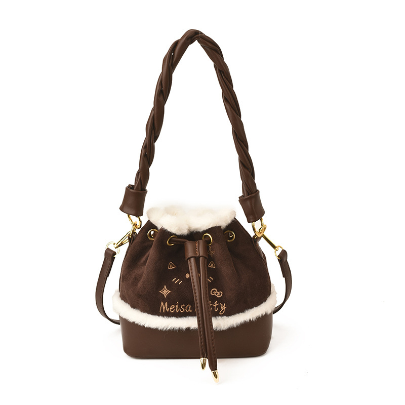 Ženska bucket torba u korejskom stilu, zimski model 2025, s jednom naramenicom i crossbody, svakodnevni stil, smeđa mala torbica