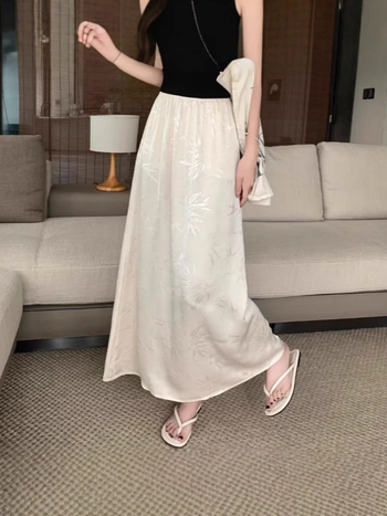 Fustă lungă A-line din satin, talie înaltă, vară 2025, țesătură acetat, conținut acetat 70-80%, stil de navetă