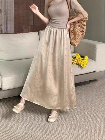 Fustă lungă A-line din satin, talie înaltă, vară 2025, țesătură acetat, conținut acetat 70-80%, stil de navetă