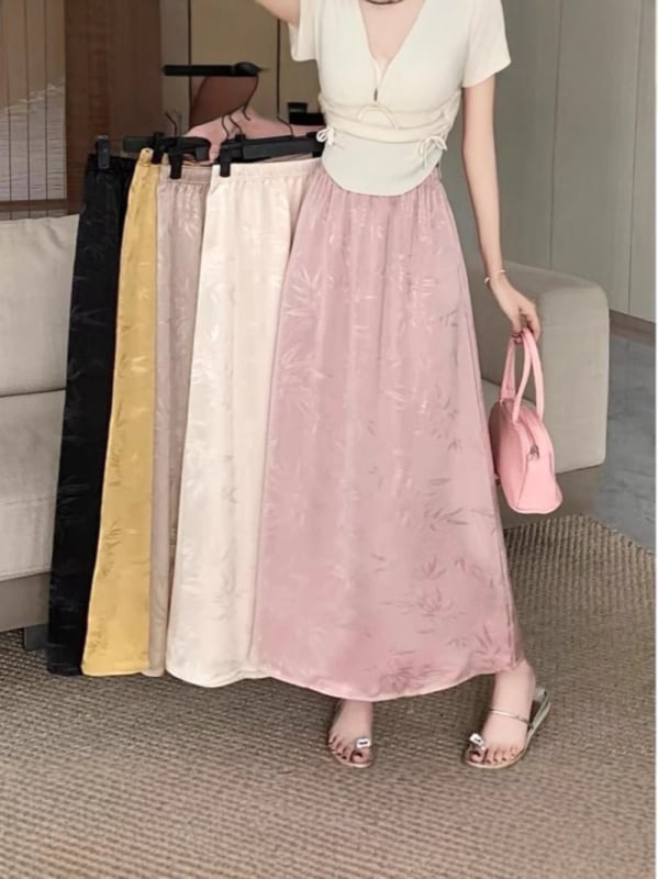 Fustă lungă A-line din satin, talie înaltă, vară 2025, țesătură acetat, conținut acetat 70-80%, stil de navetă