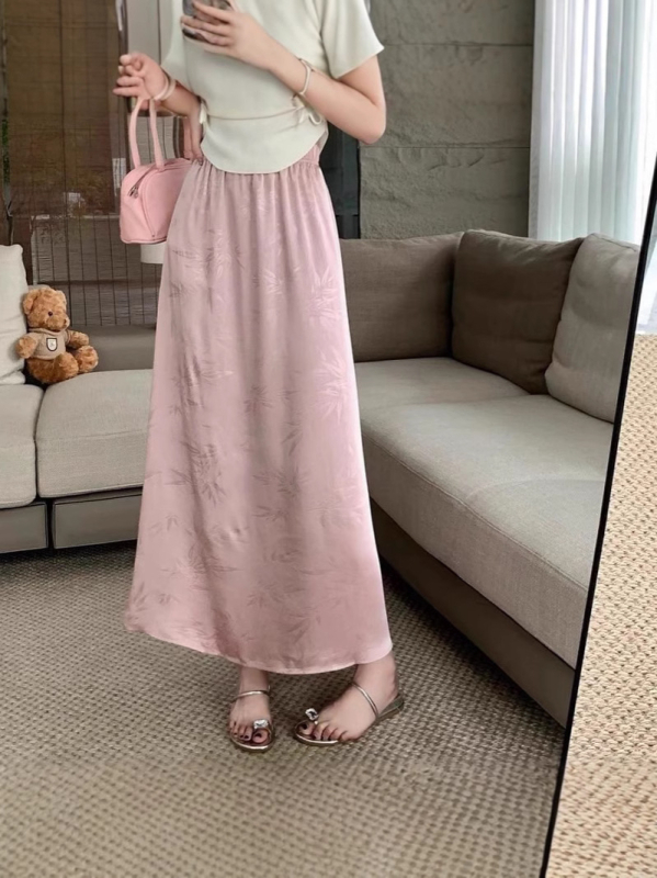 Fustă lungă A-line din satin, talie înaltă, vară 2025, țesătură acetat, conținut acetat 70-80%, stil de navetă