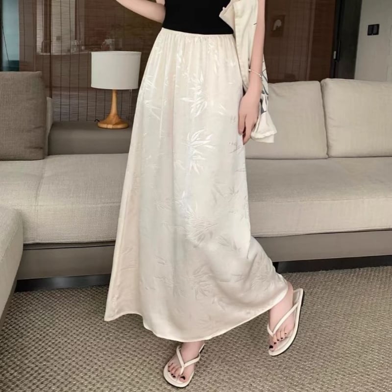Fustă lungă A-line din satin, talie înaltă, vară 2025, țesătură acetat, conținut acetat 70-80%, stil de navetă