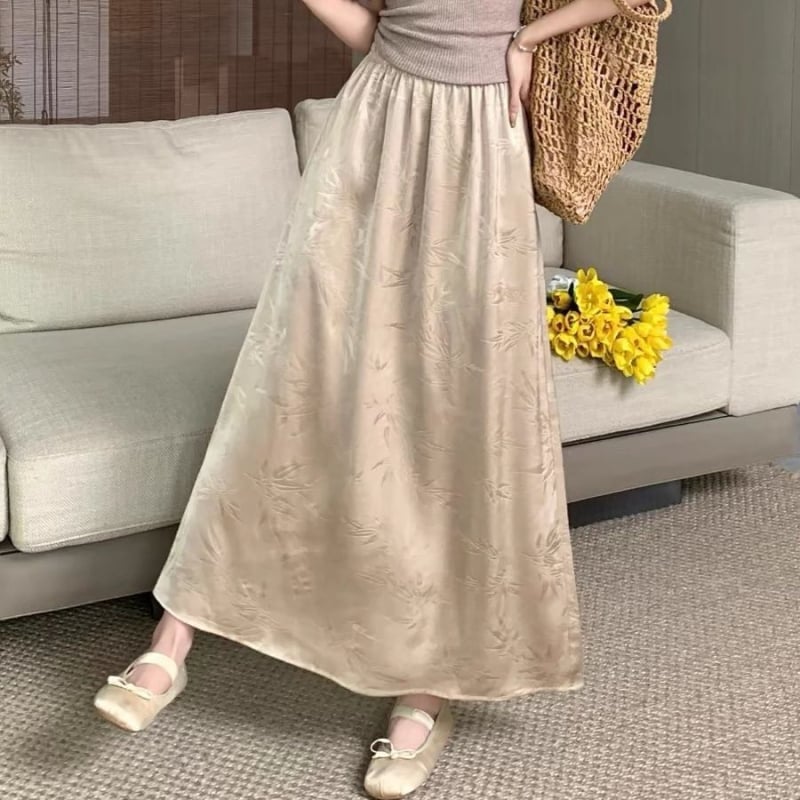 Fustă lungă A-line din satin, talie înaltă, vară 2025, țesătură acetat, conținut acetat 70-80%, stil de navetă