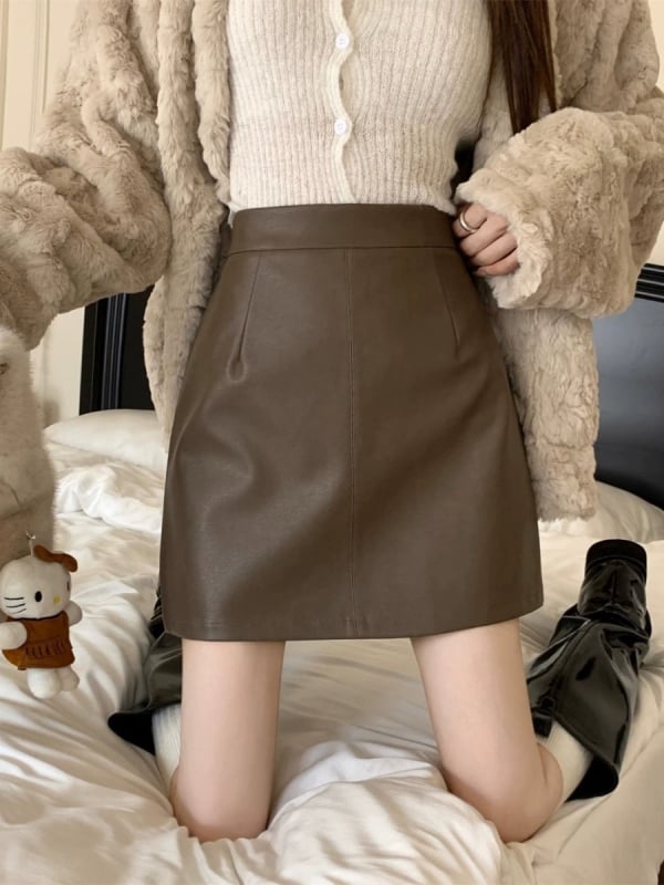 PU Δερμάτινη Κοντή Φούστα, Υψηλή Μέση σε Α-γραμμή, 3D Εφέ, Μικροελαστικότητα, Φθινόπωρο 2025