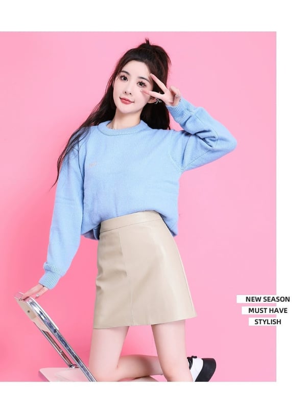 PU Δερμάτινη Κοντή Φούστα, Υψηλή Μέση σε Α-γραμμή, 3D Εφέ, Μικροελαστικότητα, Φθινόπωρο 2025