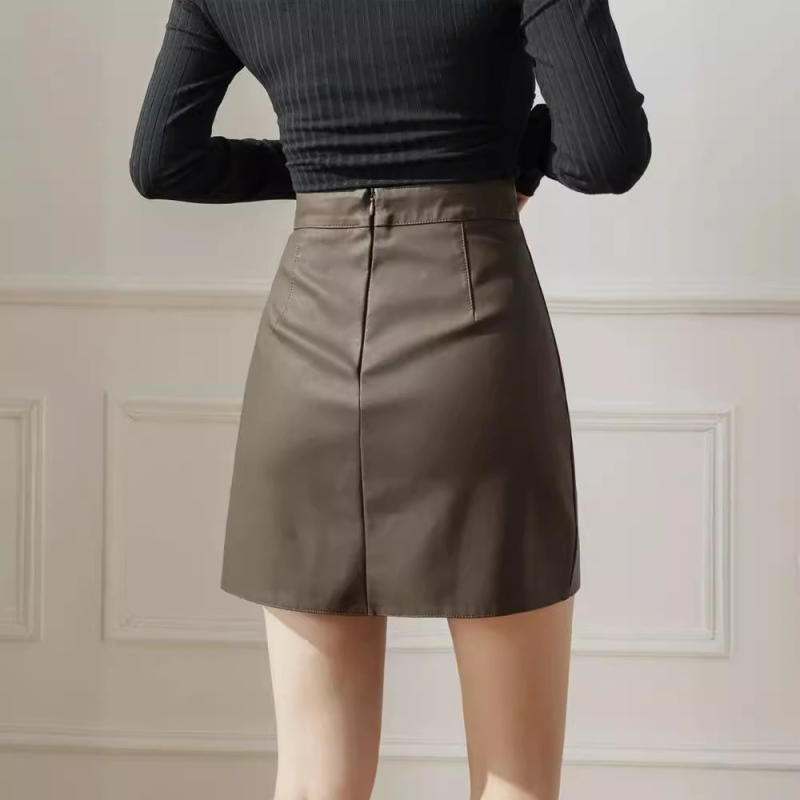 PU Δερμάτινη Κοντή Φούστα, Υψηλή Μέση σε Α-γραμμή, 3D Εφέ, Μικροελαστικότητα, Φθινόπωρο 2025