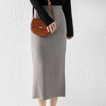 Πλεγμένη φούστα μεσαίου μήκους, ψηλή μέση, ευθεία γραμμή, ύφασμα από νάιλον core-spun