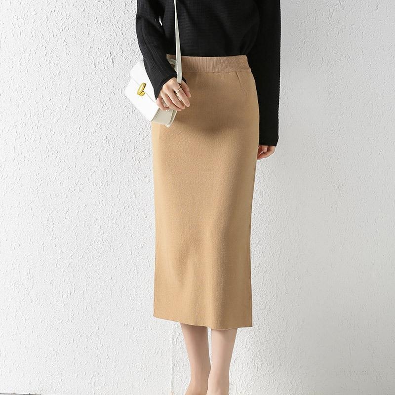 Πλεγμένη φούστα μεσαίου μήκους, ψηλή μέση, ευθεία γραμμή, ύφασμα από νάιλον core-spun