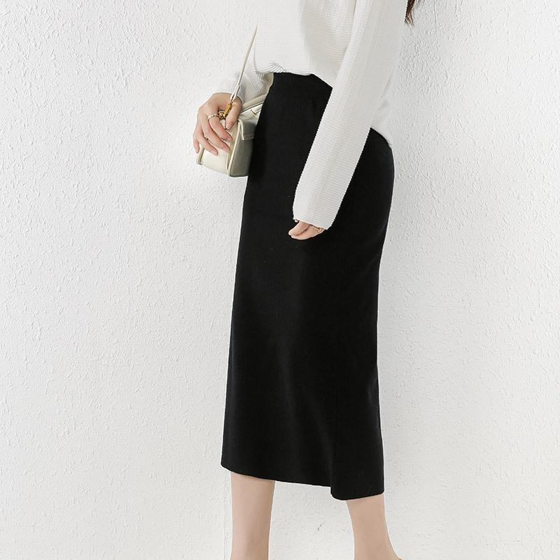 Πλεγμένη φούστα μεσαίου μήκους, ψηλή μέση, ευθεία γραμμή, ύφασμα από νάιλον core-spun