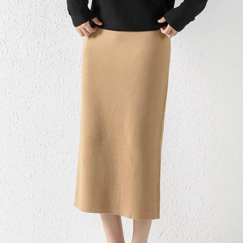 Πλεγμένη φούστα μεσαίου μήκους, ψηλή μέση, ευθεία γραμμή, ύφασμα από νάιλον core-spun