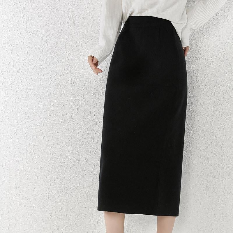 Πλεγμένη φούστα μεσαίου μήκους, ψηλή μέση, ευθεία γραμμή, ύφασμα από νάιλον core-spun