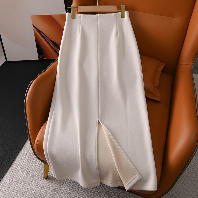 Φούστα ίσια με ψηλή ζώνη, midi μήκος, κασμίρι-πολυεστέρα ανάμειξη, μικροελαστικότητα, μονόχρωμο σχέδιο