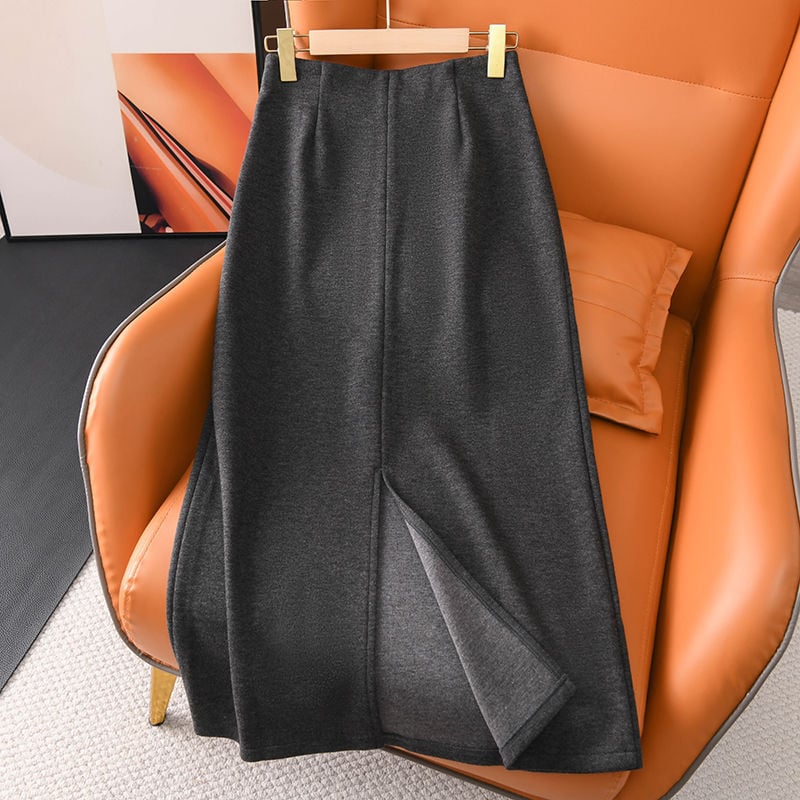 Φούστα ίσια με ψηλή ζώνη, midi μήκος, κασμίρι-πολυεστέρα ανάμειξη, μικροελαστικότητα, μονόχρωμο σχέδιο