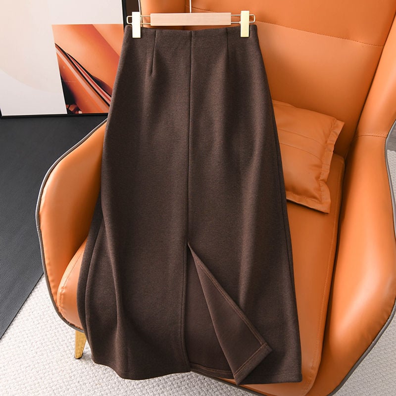 Φούστα ίσια με ψηλή ζώνη, midi μήκος, κασμίρι-πολυεστέρα ανάμειξη, μικροελαστικότητα, μονόχρωμο σχέδιο