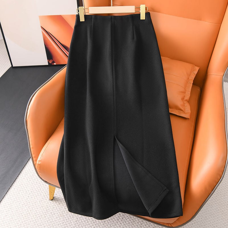 Φούστα ίσια με ψηλή ζώνη, midi μήκος, κασμίρι-πολυεστέρα ανάμειξη, μικροελαστικότητα, μονόχρωμο σχέδιο