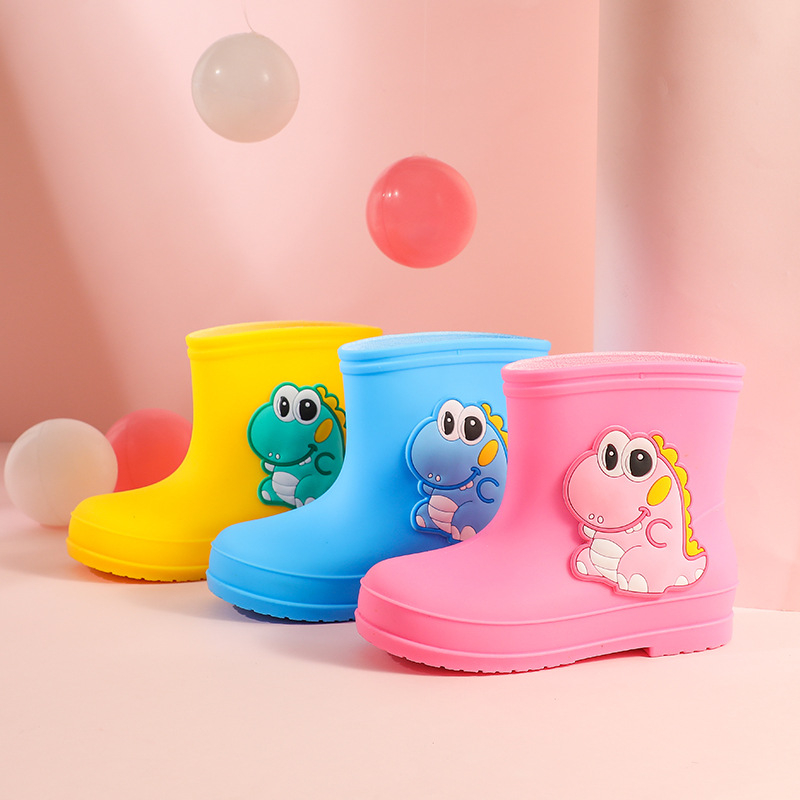 Ghete de ploaie pentru copii din PVC, seria Cartoon Dinosaur, toc plat, înălțime medie a gambelor, pentru iarnă, vârste 1–12 ani
