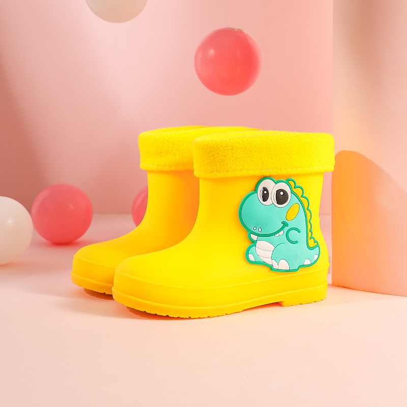 Ghete de ploaie pentru copii din PVC, seria Cartoon Dinosaur, toc plat, înălțime medie a gambelor, pentru iarnă, vârste 1–12 ani