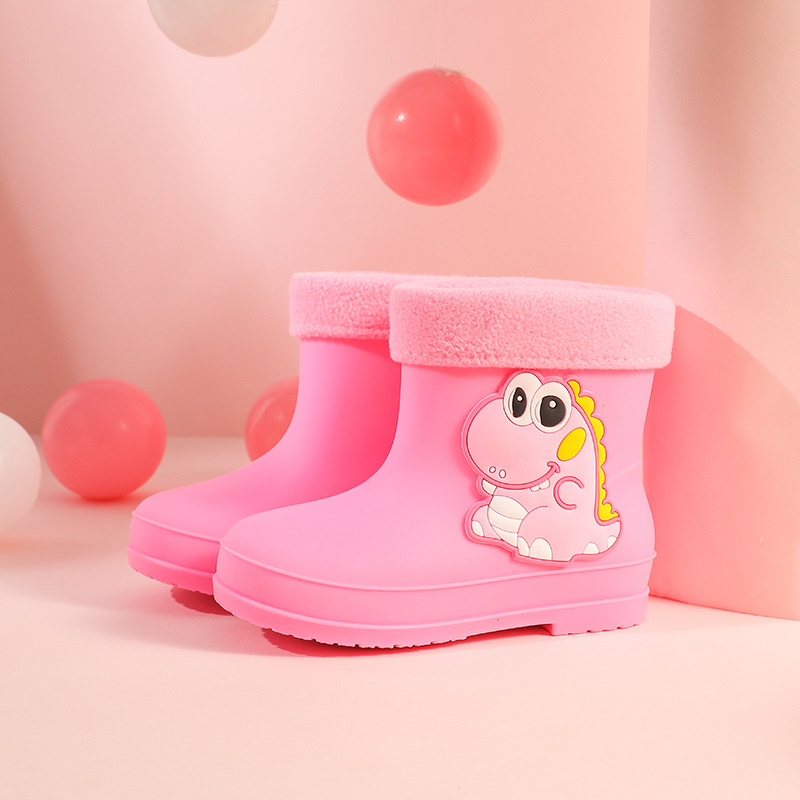 Ghete de ploaie pentru copii din PVC, seria Cartoon Dinosaur, toc plat, înălțime medie a gambelor, pentru iarnă, vârste 1–12 ani