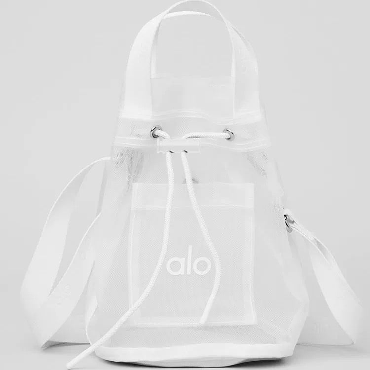 Alo Yoga Bucket Bag za žene, cilindrična torba od najlona s mrežastom tkaninom i najlonska podstava, otvoranje vrpcom, ID džep, pogodna za slobodno vrijeme putovanja