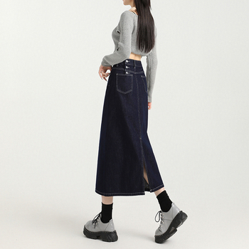 Τζιν φούστα με ψηλή μέση, στενή γραμμή στους γοφούς, midi μήκος, 80-90% βαμβάκι, street style