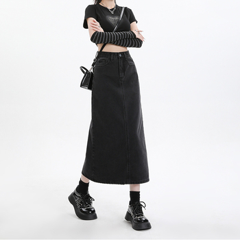 Τζιν φούστα με ψηλή μέση, στενή γραμμή στους γοφούς, midi μήκος, 80-90% βαμβάκι, street style