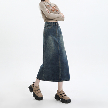 Τζιν φούστα με ψηλή μέση, στενή γραμμή στους γοφούς, midi μήκος, 80-90% βαμβάκι, street style