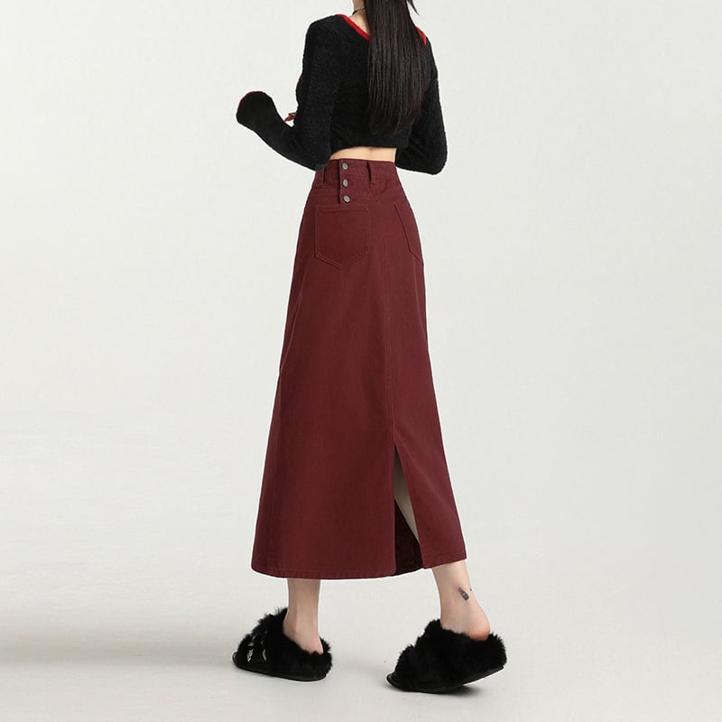 Τζιν φούστα με ψηλή μέση, στενή γραμμή στους γοφούς, midi μήκος, 80-90% βαμβάκι, street style