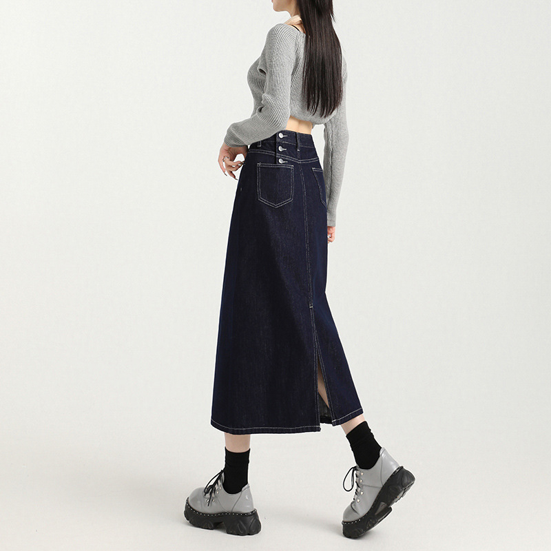 Τζιν φούστα με ψηλή μέση, στενή γραμμή στους γοφούς, midi μήκος, 80-90% βαμβάκι, street style