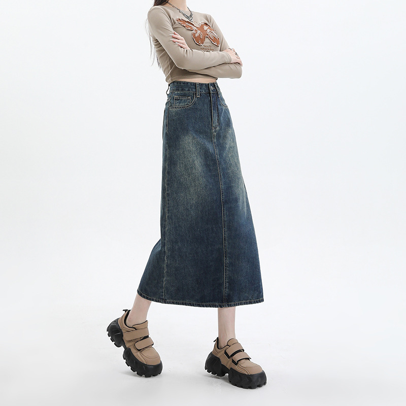 Τζιν φούστα με ψηλή μέση, στενή γραμμή στους γοφούς, midi μήκος, 80-90% βαμβάκι, street style