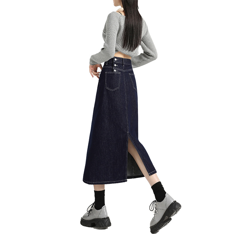 Τζιν φούστα με ψηλή μέση, στενή γραμμή στους γοφούς, midi μήκος, 80-90% βαμβάκι, street style