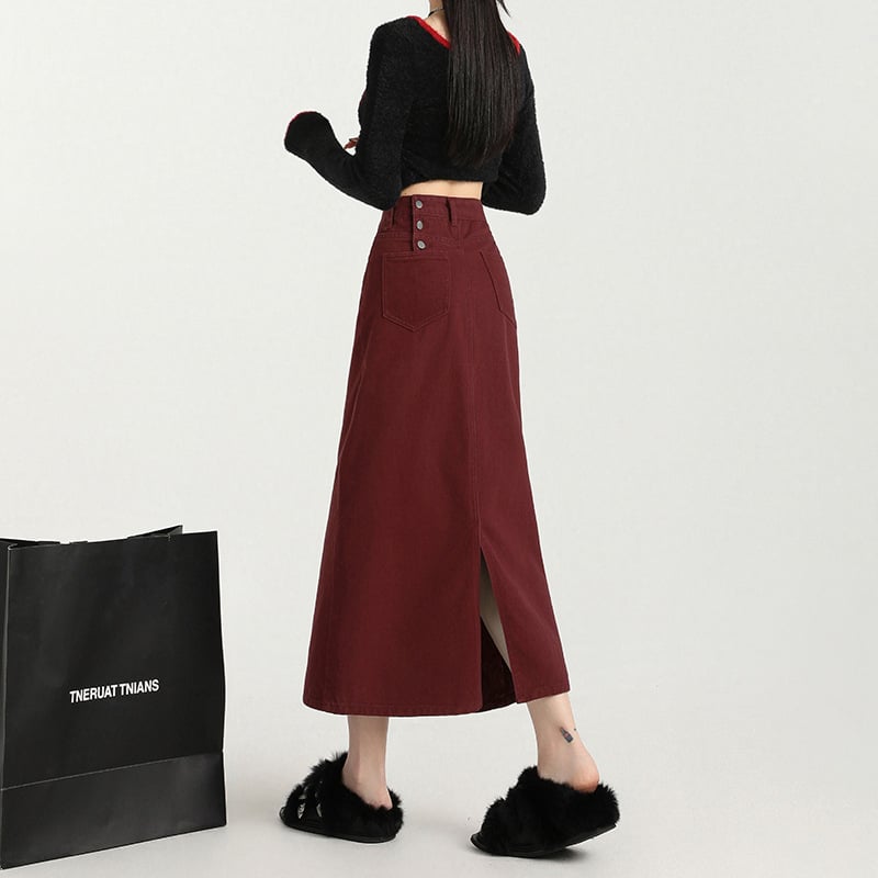 Τζιν φούστα με ψηλή μέση, στενή γραμμή στους γοφούς, midi μήκος, 80-90% βαμβάκι, street style