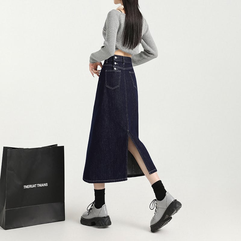 Τζιν φούστα με ψηλή μέση, στενή γραμμή στους γοφούς, midi μήκος, 80-90% βαμβάκι, street style