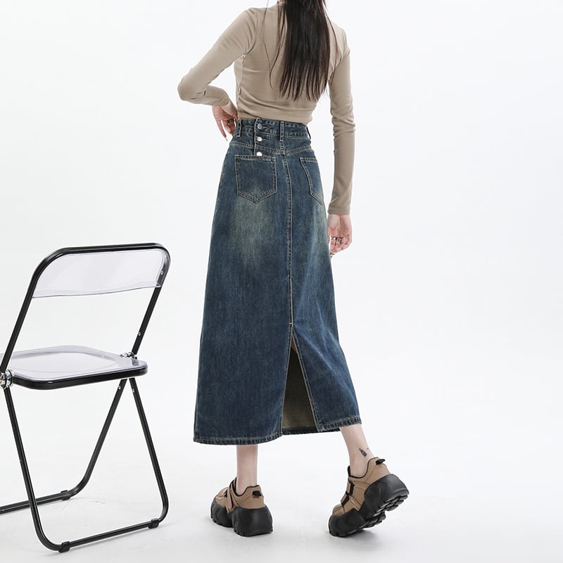 Τζιν φούστα με ψηλή μέση, στενή γραμμή στους γοφούς, midi μήκος, 80-90% βαμβάκι, street style