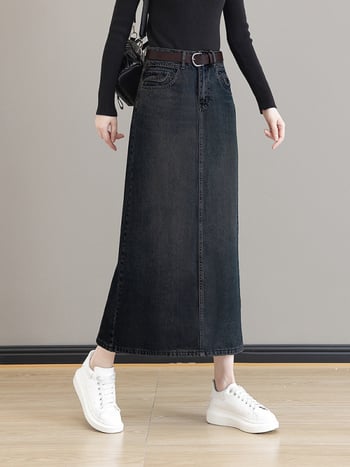 Γυναικεία φούστα τζιν μίντι με επένδυση φλίς, υψηλή μέση, Α-γραμμή, μεσαίου μήκους, μπροστινό σχίσιμο