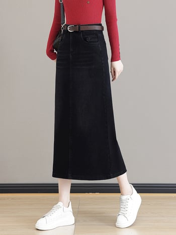 Γυναικεία φούστα τζιν μίντι με επένδυση φλίς, υψηλή μέση, Α-γραμμή, μεσαίου μήκους, μπροστινό σχίσιμο