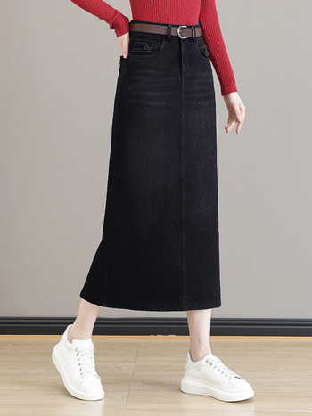 Γυναικεία φούστα τζιν μίντι με επένδυση φλίς, υψηλή μέση, Α-γραμμή, μεσαίου μήκους, μπροστινό σχίσιμο