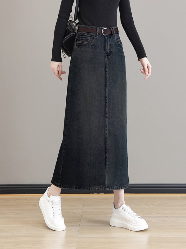 Γυναικεία φούστα τζιν μίντι με επένδυση φλίς, υψηλή μέση, Α-γραμμή, μεσαίου μήκους, μπροστινό σχίσιμο